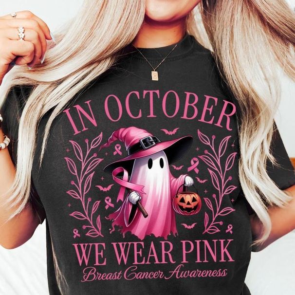 En Octubre, Usamos Camisetas Rosas Mujeres, Camiseta Gráfica Rosa Halloween El Cáncer Mama, De Manga Corta Para Otoño._viptrois.com