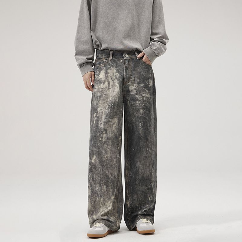 Men's Clothing Splashed Printed Jeans Washed Heavy Loose Wide Leg Floor Length Pants_viptrois.com