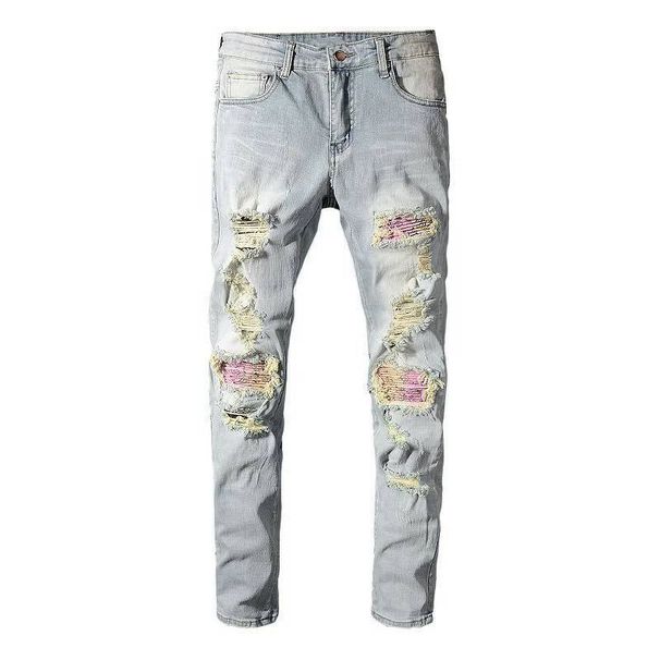 Men's Clothing High Street Fashion Brand Old Patch Paint Graffiti Hole Elastic Slim Washed Light Color Jeans_viptrois.com