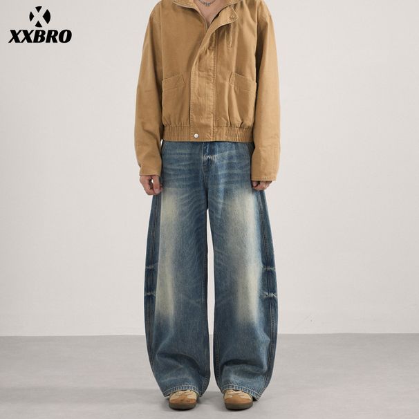 Men's Clothing Men's Retro Barn Style Washed Distressed Straight Leg Jeans Tie Dye Wide Leg Pants Curved Knife Loose Fit_viptrois.com