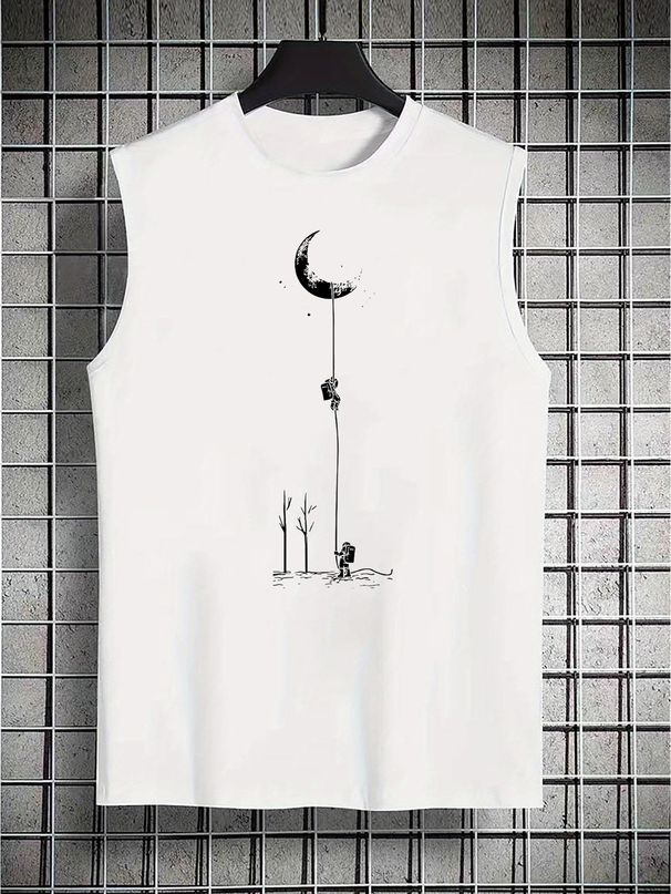 100% Pure Cotton Men's Summer Casual Sports Fitness Loose Fit Astronaut Landing Moon Pattern Printed Breathable Round Neck Sleeveless Vest_viptrois.com