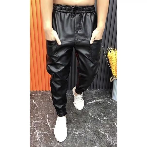 Spring And Autumn Leather Pants Men's Casual Pants Waterproof No-Wash Pants Trendy Black Leather Pants Motorcycle PU Small Leg Pants_viptrois.com
