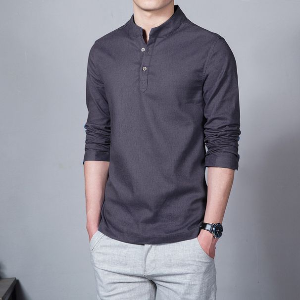 Long Sleeved Casual Cotton And Linen Men's Slim Fit Shirt, Solid Color Stand Up Collar Polo Shirt_viptrois.com