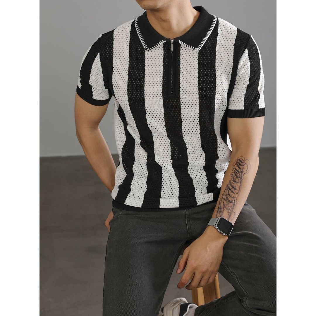 Men's Summer Stripe Knit Polo Shirt With Hollow Design, Loose Fit Casual Short Sleeve Top, Black & White Contrast_viptrois.com