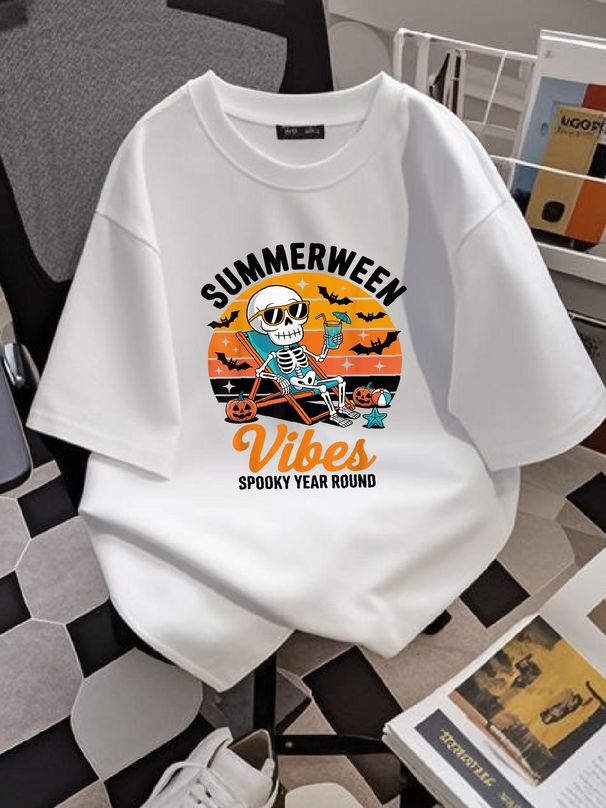 Summerween Spooky Summer Summerween Party Halloween Skeleton T-Shirt Designer Clothes Comfortable Fashion Slightly Female Versatile Top For Everyday Wear Breathable Women Stylish T-Shirt For Women Casual Stretched Print Round Neck Short Sleeve Unisex_viptrois.com