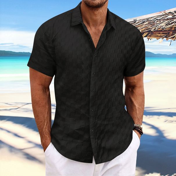 Men's Clothing Casual Loose Fit Short Sleeve Shirt Plaid Jacquard Design, Breathable & Lightweight Stylish Tops (White, Beige, Green, Yellow-Green)_viptrois.com