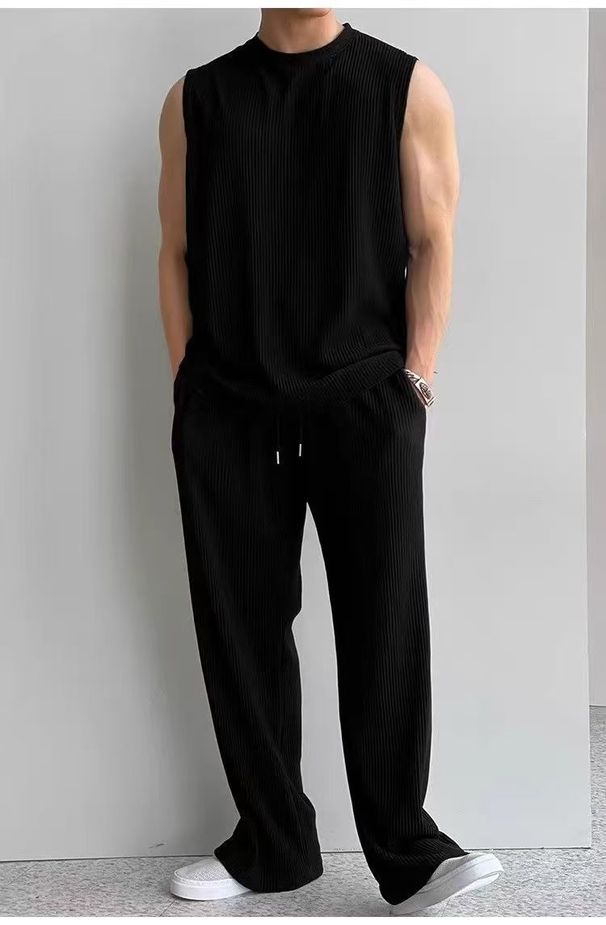 Summer Cool Ice Silk Vest Pants Solid Color Fashion Men's Plus Size Sleeveless Top And Shorts Two-Piece Set For Men_viptrois.com