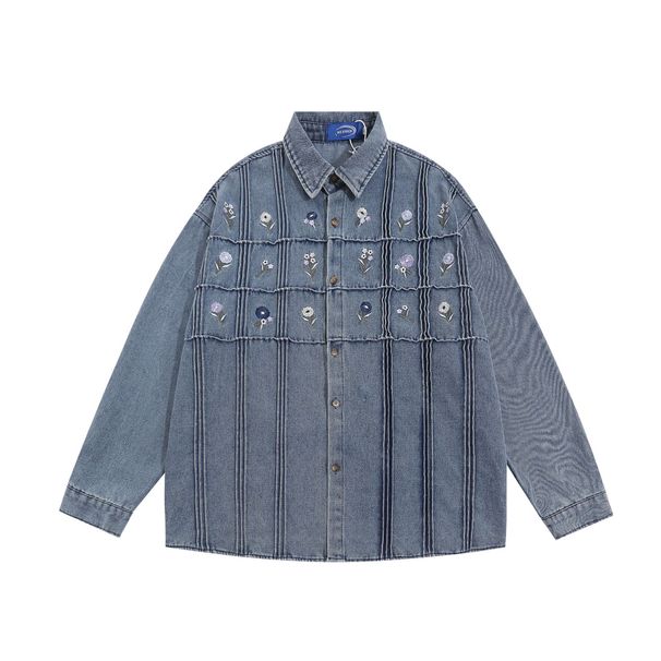 Men's Clothing Retro Design Plaid Floral Heavy Embroidery Denim Long Sleeved Shirt Loose Casual Couple Shirt_viptrois.com