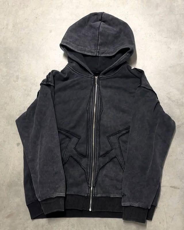 Vintage Zip-Up Hoodie With Distressed Wash – Oversized Streetwear Pullover For Men & Women (Black, S/M/L/XL)_viptrois.com