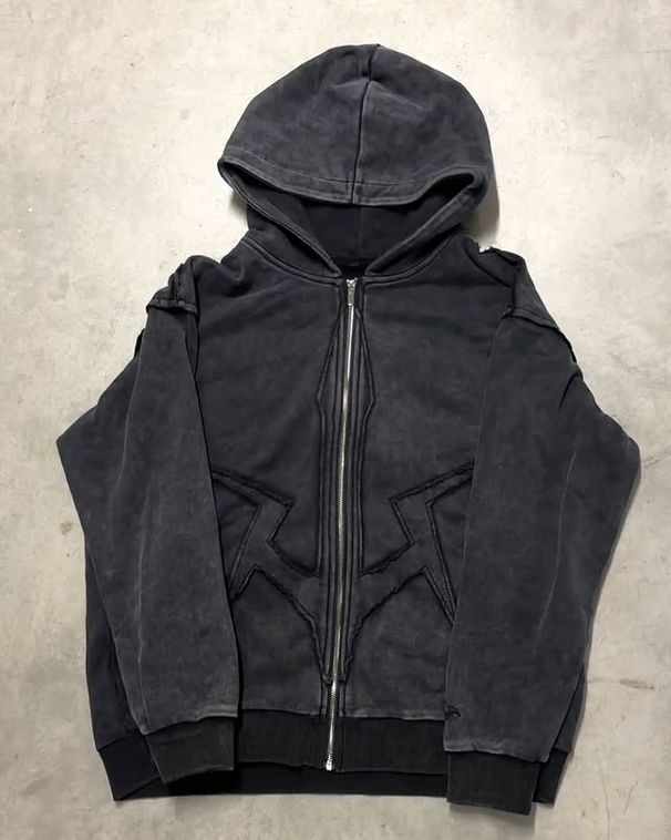 Vintage Zip-Up Hoodie With Distressed Wash – Oversized Streetwear Pullover For Men & Women (Black, S/M/L/XL)_viptrois.com
