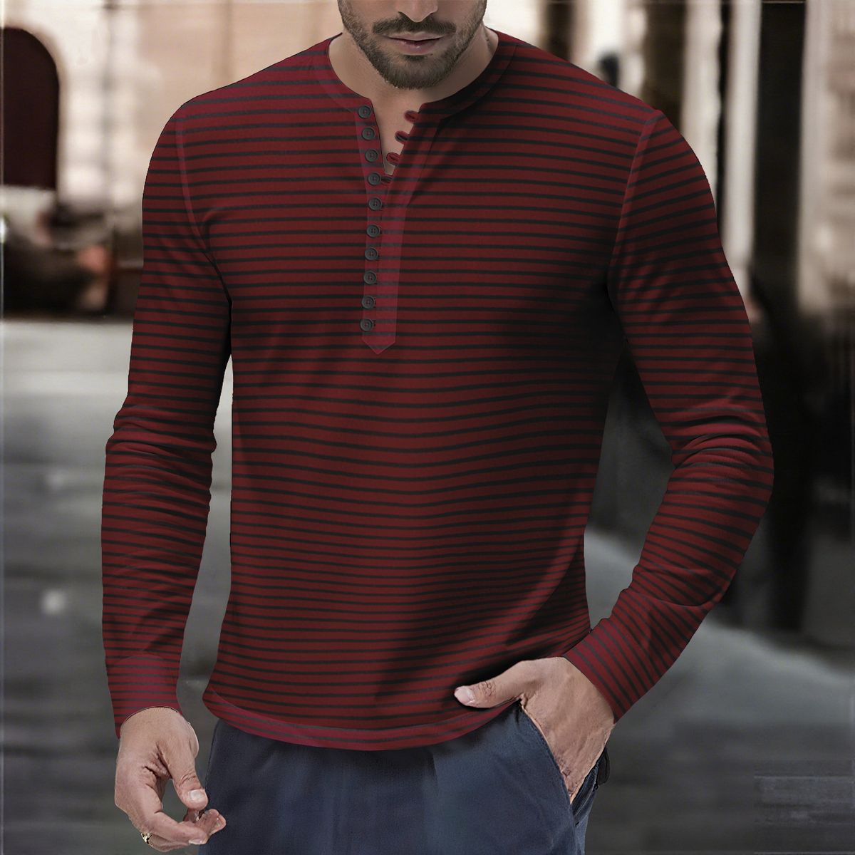 Men’s Striped Henley Shirt – Long Sleeve Corduroy Button-Up For Casual & Smart-Casual Wear (S-3XL, Yellow/Burgundy/Green/Navy)_viptrois.com