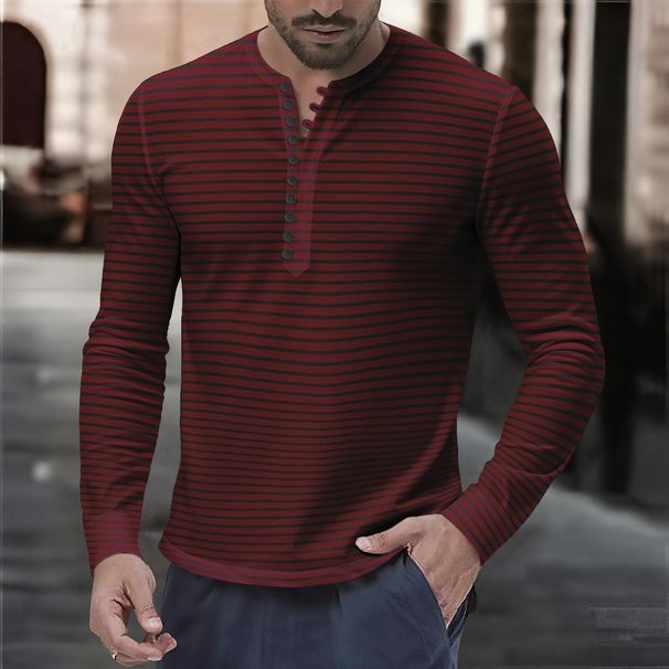 Men’s Striped Henley Shirt – Long Sleeve Corduroy Button-Up For Casual & Smart-Casual Wear (S-3XL, Yellow/Burgundy/Green/Navy)_viptrois.com