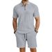 Men's Summer Short Sleeve Knit Polo Shirt With Jacquard Texture And Shorts Set, Casual Turn-Down Collar Outfit For Daily Wear_viptrois.com