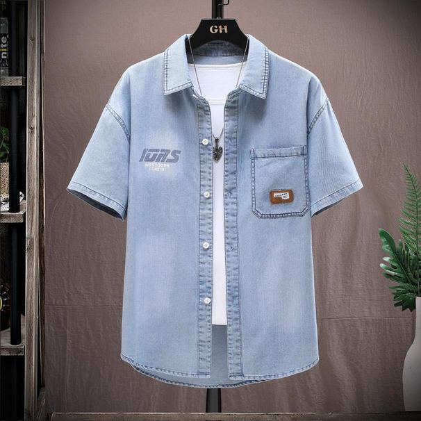 Men's Clothing Denim Shirt Men's Short Sleeved Gradient Top Shorts A Complete Set Of Youth Casual Loose Half Sleeved Shirt Suit Men_viptrois.com