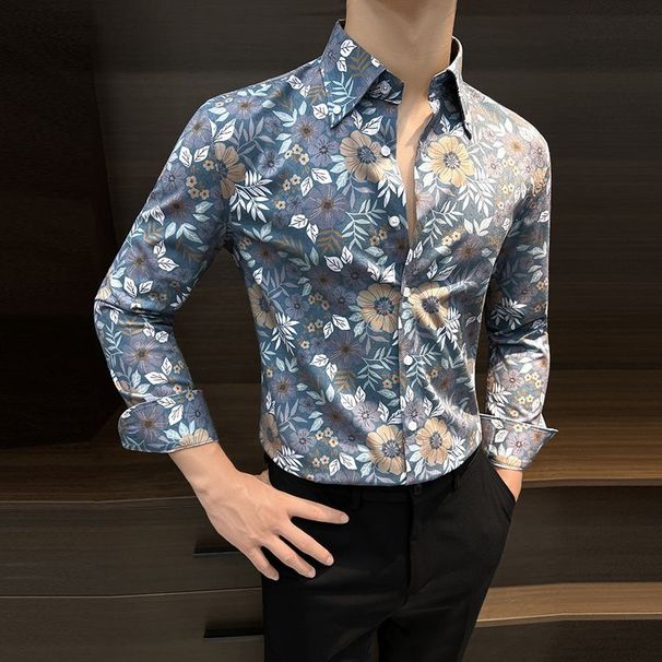 Flower Shirt Men's Long-sleeved Versatile Autumn Thin 2024 New High-end Ruffian Handsome Trendy Men's Printed Shirt_viptrois.com