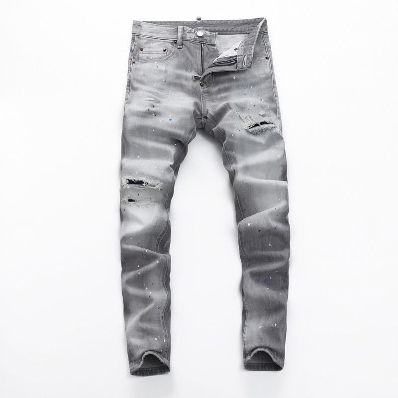 Men's Clothing High Street Fashion Men's Jeans Old Gray Washed Hole Patch Paint Trendy Brand Slim Fit Pants_viptrois.com