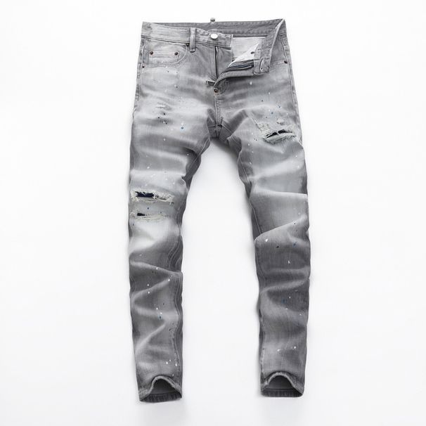 Men's Clothing High Street Fashion Men's Jeans Old Gray Washed Hole Patch Paint Trendy Brand Slim Fit Pants_viptrois.com