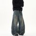 Men's Clothing Retro Distressed Rubbed Color Exposed Stitching Scimitar Jeans For Men And Women New Loose Straight Washed Pants_viptrois.com