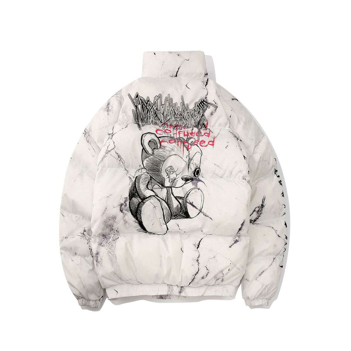 Men's Clothing Club American style dark bear graffiti print loose cotton jacket high street hip hop couple bread coat_viptrois.com
