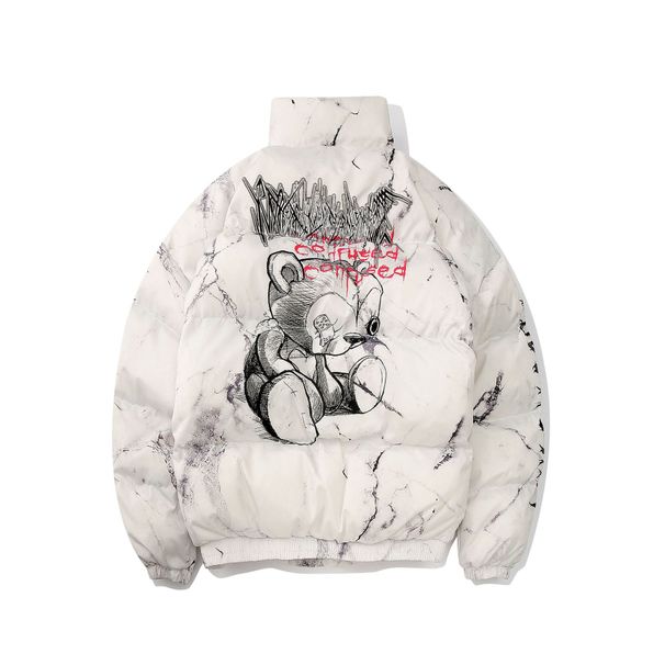 Men's Clothing Club American style dark bear graffiti print loose cotton jacket high street hip hop couple bread coat_viptrois.com
