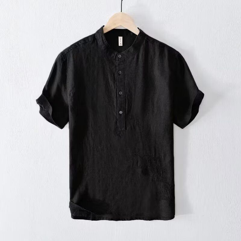 Men's Clothing Cotton And Linen Wrinkled Linen Short Sleeved Shirt Fresh Stand Up Collar Pullover T Shirt Casual Summer Linen Shirt_viptrois.com