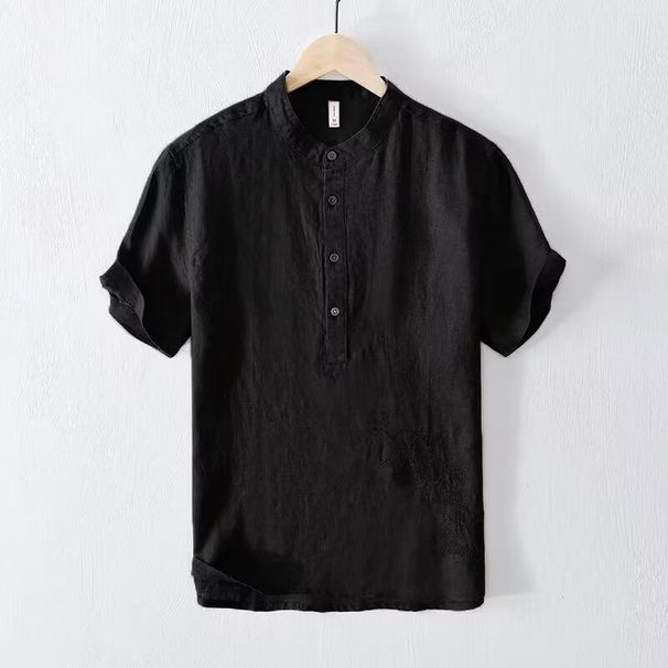 Men's Clothing Cotton And Linen Wrinkled Linen Short Sleeved Shirt Fresh Stand Up Collar Pullover T Shirt Casual Summer Linen Shirt_viptrois.com