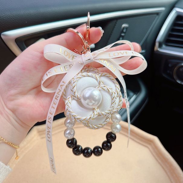 Vintage Woven Keychain - Pearl Camellia Flower Charm With Bow, Elegant Car & Bag Accessory For Women_viptrois.com