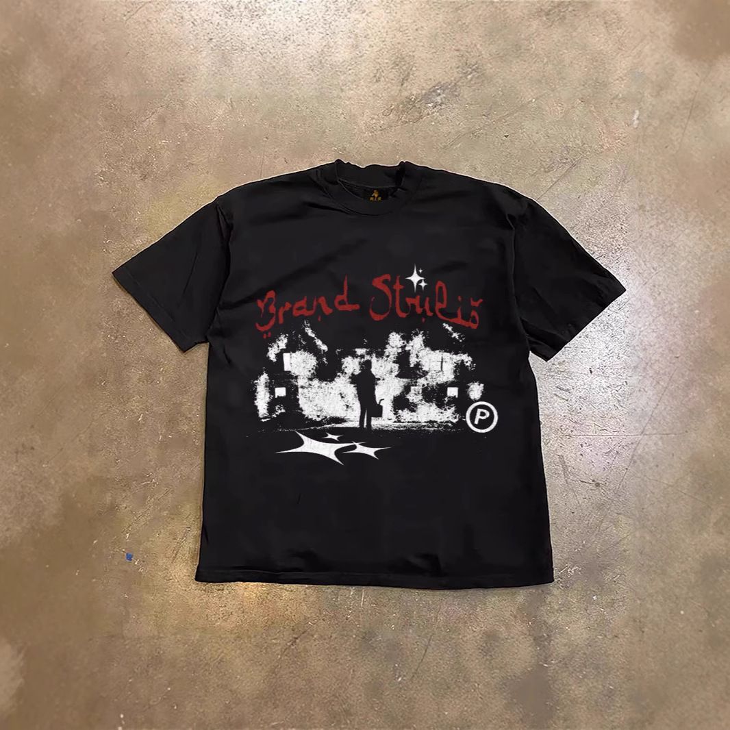 Oversized Dark Themed Printed Loose Short Sleeved T-Shirt 250g Heavyweight Pure Cotton Trendy Brand Men's Clothing Tops for Couples_viptrois.com