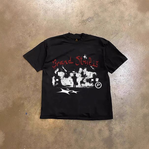 Oversized Dark Themed Printed Loose Short Sleeved T-Shirt 250g Heavyweight Pure Cotton Trendy Brand Men's Clothing Tops for Couples_viptrois.com