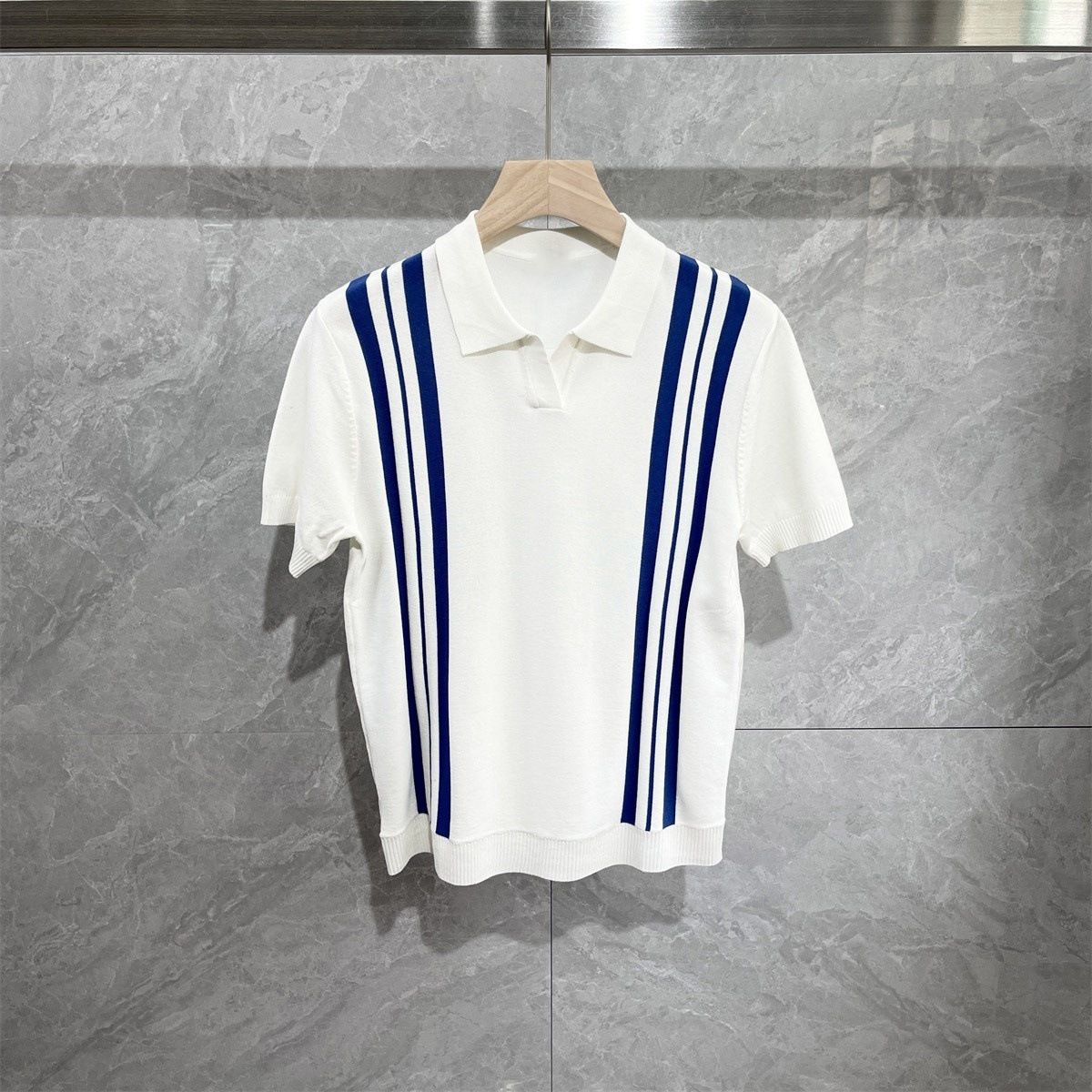 Men's Striped Polo Shirt - V-Neck Knitted Breathable Ice Silk Casual Shirt For Summer_viptrois.com