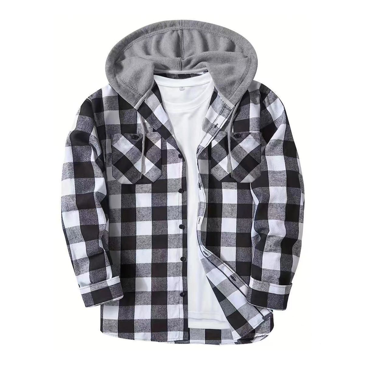 Loom Cross-Border New Flannel Plaid European And American Size Double Pocket Hooded Shirt Men's Casual_viptrois.com