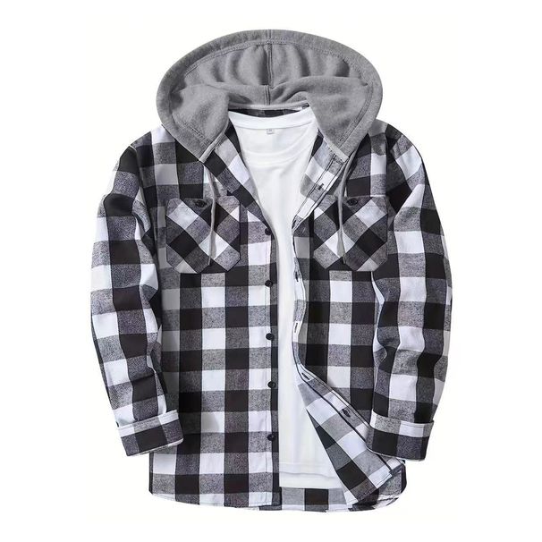 Loom Cross-Border New Flannel Plaid European And American Size Double Pocket Hooded Shirt Men's Casual_viptrois.com