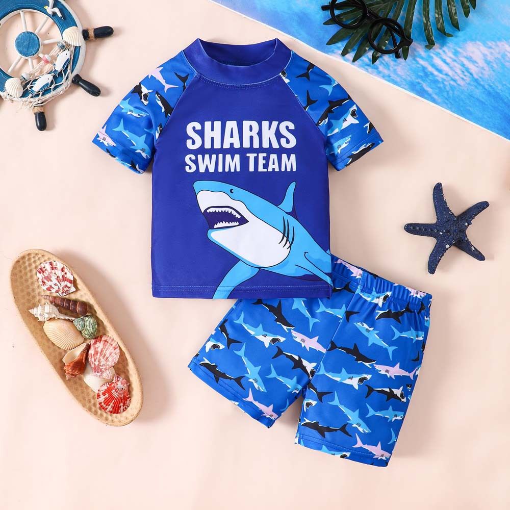 Boys Suit Summer Shark Pullover Shorts Two Piece Suit European And American Fashion Quick Drying Children's Beach Swimsuit Suit_viptrois.com