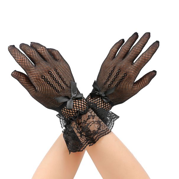 Unisex Ladies fishnet bow lace lace bridal gloves Wedding dress etiquette stage performance gloves_viptrois.com