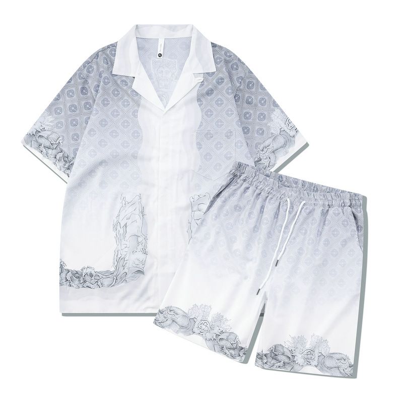 2024 Gaojie Flower Set Gradient Shirt Casual Cardigan Shorts Matching Men's_viptrois.com