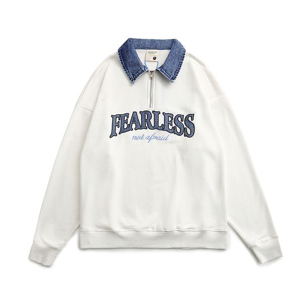 American Style Half-Zip Denim Turn-Down Collar Pullover Sweatshirt Men's Street Loose Embroidered Letter Long Sleeve_viptrois.com