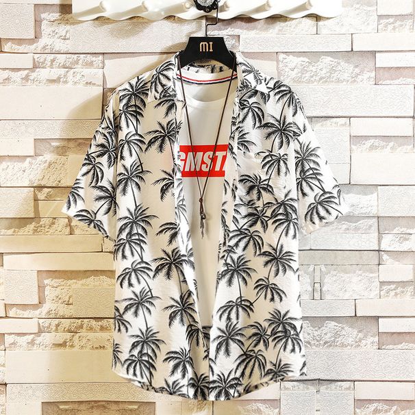 Men's Clothing Retro Thin Short Sleeved Shirt Loose Style Shirt Coconut Tree Print Shirt_viptrois.com