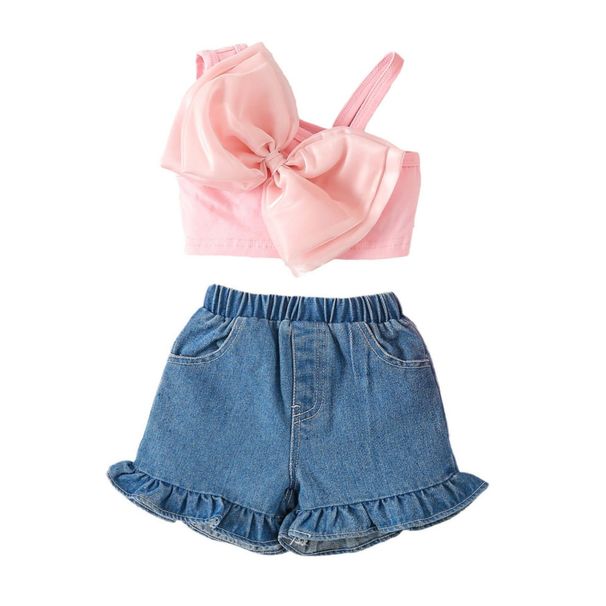 Baby Clothing Girls' sweet set gauze bow one-shoulder strap lace denim shorts two-piece set_viptrois.com