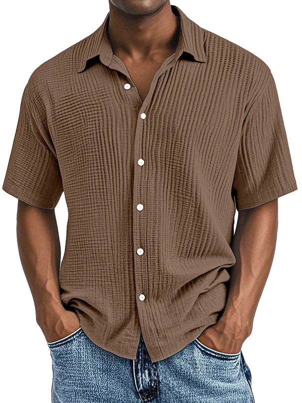Men's Clothing Independent Station Men's Short Sleeved Lapel Shirt Double Layer Wrinkled Casual Shirt_viptrois.com
