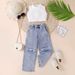 Baby Clothing Children's dress Girls' summer pit strip solid color sleeveless strapless jumper ripped denim trousers two-piece set_viptrois.com