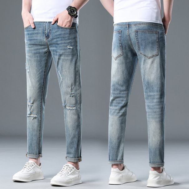 Men's Clothing Heavy Washed Jeans Trendy Slim Fit Distressed Slim-Fit Jeans For Men – Vintage Washed Denim With Artistic Rips, Streetwear Staple_viptrois.com