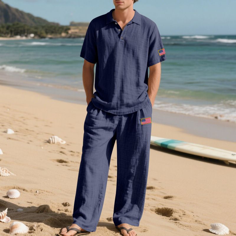 Summer Loose Men's Beach Linen Breathable Casual Large Size Lapel Independence Day Trousers Suit_viptrois.com