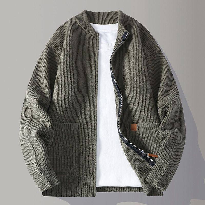 Men's Heavyweight Zip-Up Knit Sweater – Vintage-Inspired Oversized Cardigan (Classic Solid Color, Casual Layering Essential)_viptrois.com