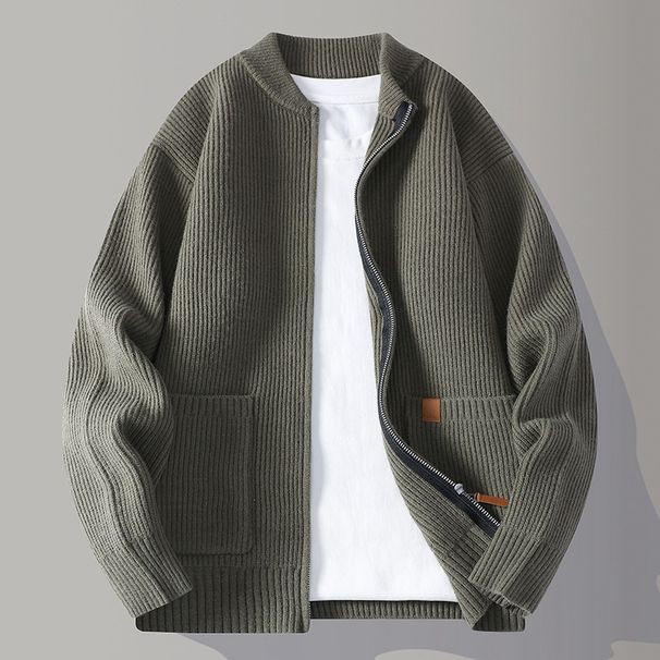 Men's Heavyweight Zip-Up Knit Sweater – Vintage-Inspired Oversized Cardigan (Classic Solid Color, Casual Layering Essential)_viptrois.com