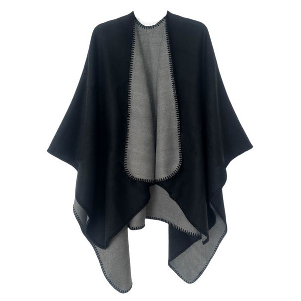 Unisex Autumn/Winter trim solid color cashmere double side black grey split cape_viptrois.com