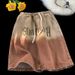 Men's Brown Gradient Drawstring Denim Shorts High Street Trendy Mid Length Retro Loose Straight Leg Unique Youthful Style_viptrois.com