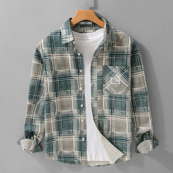 Simple Checkered Workwear Men's Long-sleeved Shirt, Loose-fitting Men's Retro Youth Shirt_viptrois.com