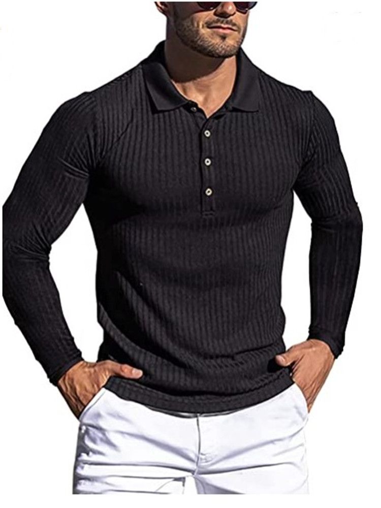 Men's Clothing Men's Running Sports Fitness Autumn High Elastic Vertical Striped Long Sleeve Polo Shirt Slim Fit Knitted Bottoming Shirt_viptrois.com