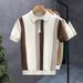 Men's Summer Ice Silk Knitted Polo Shirt Short Sleeve Trendy British Style Color Block Striped Casual Fashion Turn Down Collar T-Shirt_viptrois.com