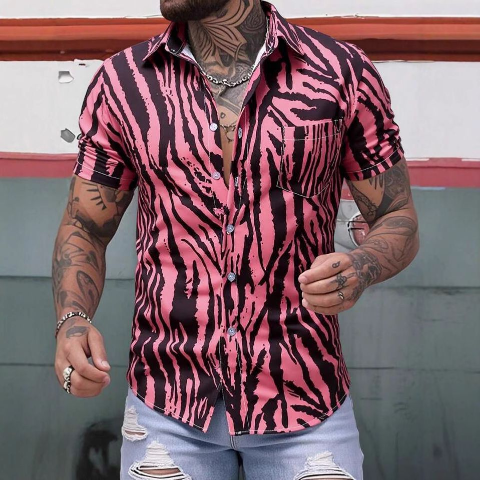 Men's Clothing Shirt New Summer Four Sided Stretch Thin Irregular Striped Printed Men's Short Sleeved Shirt_viptrois.com